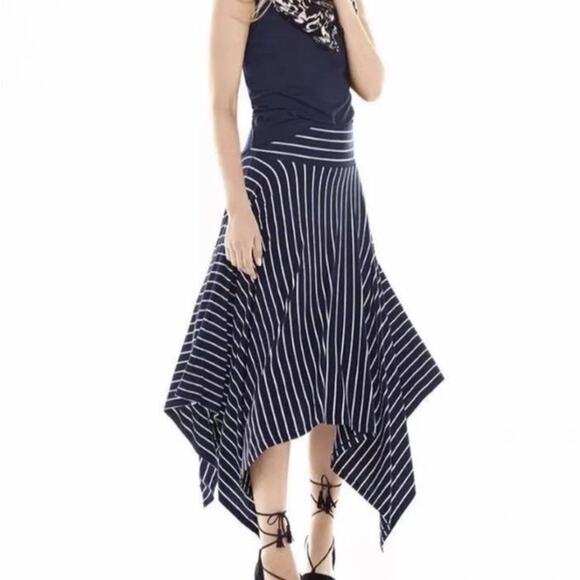 Cabi Striped Asymmetrical Hem Twirl Blue Skirt - Picture 2 of 10